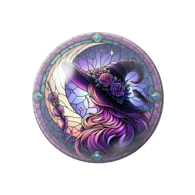 Cabochon en Verre Illustré Sorcière Fleurie en Vitrail 12 à 25mm