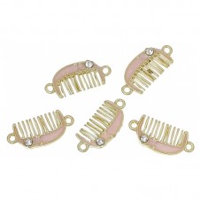 2 Connecteurs Peigne Doré Émail Rose avec Strass 22x15mm