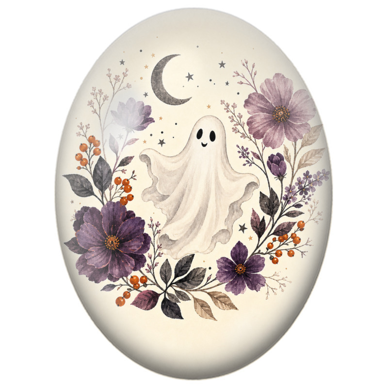 Cabochon en Verre Illustré Petit Fantôme aux Fleurs Violettes 13x18, 18x25 ou 30x40mm
