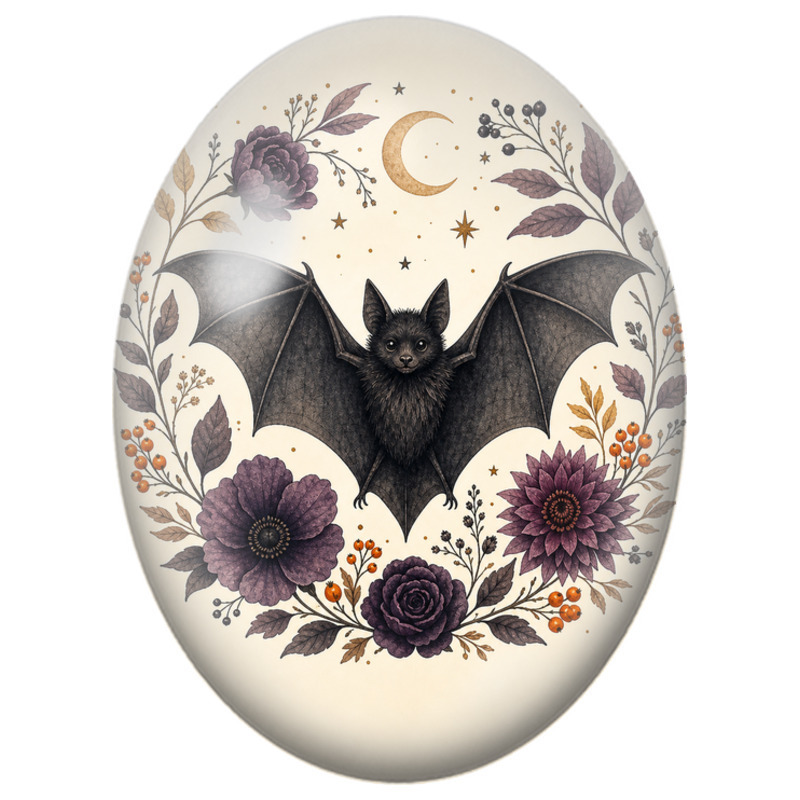 Cabochon en Verre Illustré Chauve-Souris aux Fleurs Violettes 13x18, 18x25 ou 30x40mm