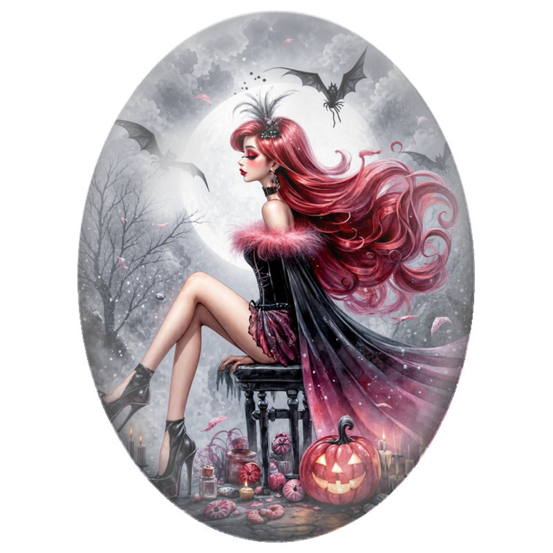 Cabochon en Verre Illustré Femme Gothique aux Cheveux Roses 13x18, 18x25 ou 30x40mm