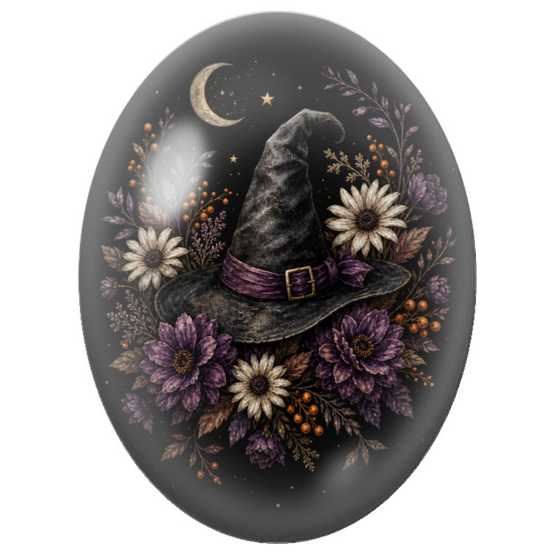 Cabochon en Verre Illustré Chapeau de Sorcière aux Fleurs Violettes 13x18, 18x25 ou 30x40mm