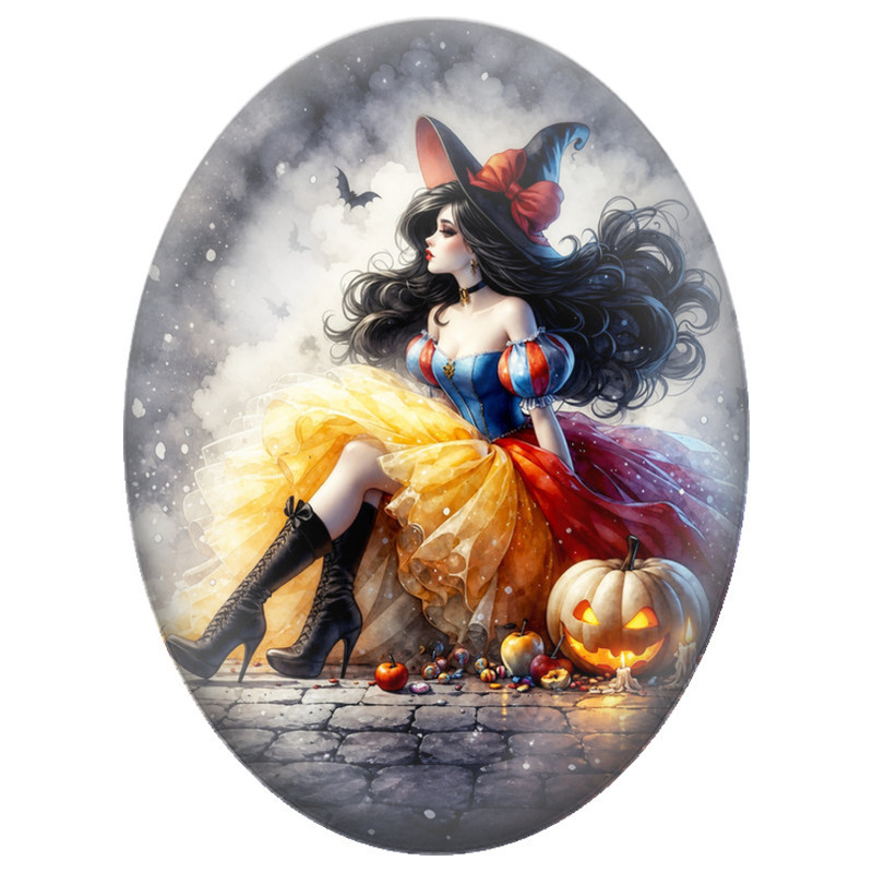 Cabochon en Verre Illustré Sorcière aux Couleurs de Conte et Citrouille Blanche 13x18, 18x25 ou 30x40mm