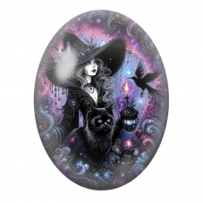 Cabochon en Verre Illustré Sorcière au Chat Noir et Corbeau 13x18, 18x25 ou 30x40mm pour la Création de Bijoux Fantaisie - DIY