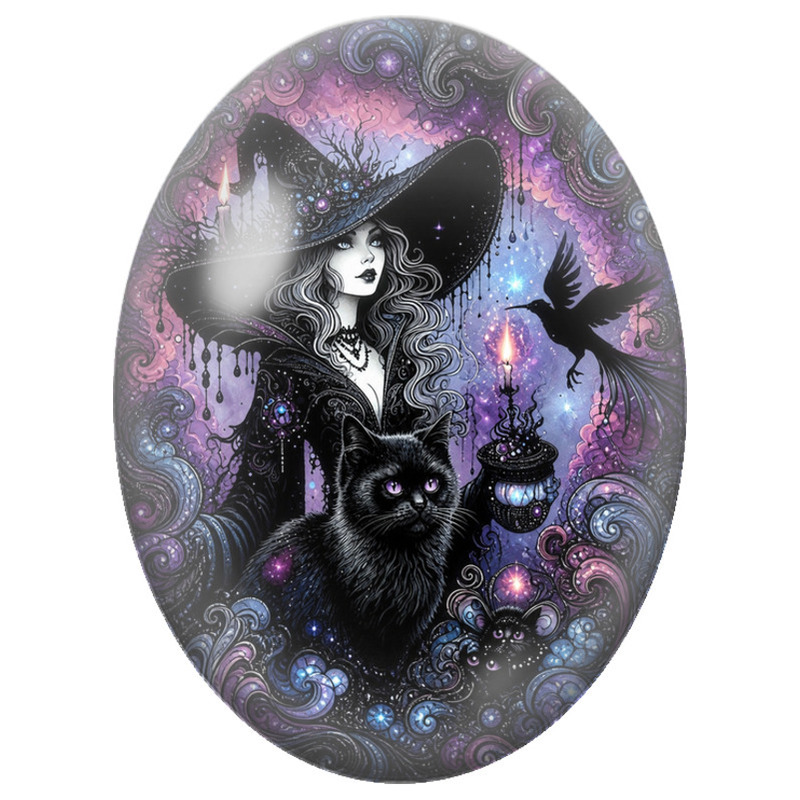 Cabochon en Verre Illustré Sorcière au Chat Noir et Corbeau 13x18, 18x25 ou 30x40mm