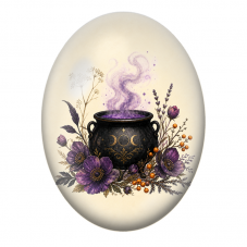 Cabochon en Verre Illustré Chaudron Magique aux Fleurs Violettes 13x18, 18x25 ou 30x40mm pour la Création de Bijoux Fantaisie - 