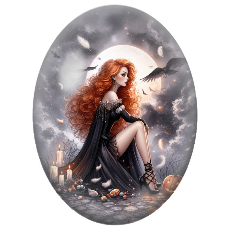 Cabochon en Verre Illustré Femme Rousse sous la Pleine Lune 13x18, 18x25 ou 30x40mm