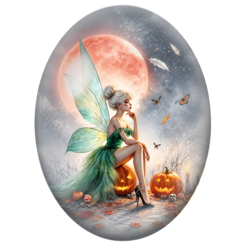 Cabochon en Verre Illustré Fée Verte aux Citrouilles d’Halloween 13x18, 18x25 ou 30x40mm