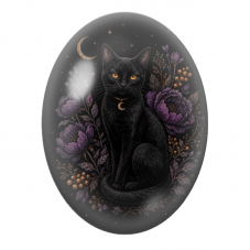 Cabochon en Verre Illustré Chat Noir aux Fleurs Violettes 13x18, 18x25 ou 30x40mm pour la Création de Bijoux Fantaisie - DIY