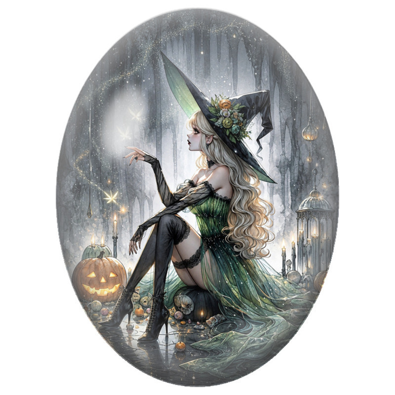 Cabochon en Verre Illustré Sorcière Verte aux Papillons Lumineux 13x18, 18x25 ou 30x40mm