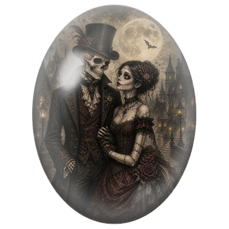Cabochon en Verre Illustré Couple Squelette Victorien 13x18, 18x25 ou 30x40mm