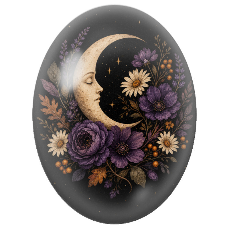 Cabochon en Verre Illustré Croissant de Lune aux Fleurs Violettes 13x18, 18x25 ou 30x40mm