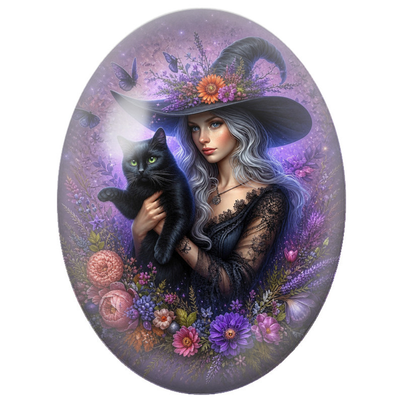 Cabochon en Verre Illustré Sorcière au Chat Noir dans les Fleurs 13x18, 18x25 ou 30x40mm