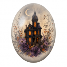Cabochon en Verre Illustré Maison Hantée aux Fleurs Violettes 13x18, 18x25 ou 30x40mm pour la Création de Bijoux Fantaisie - DIY