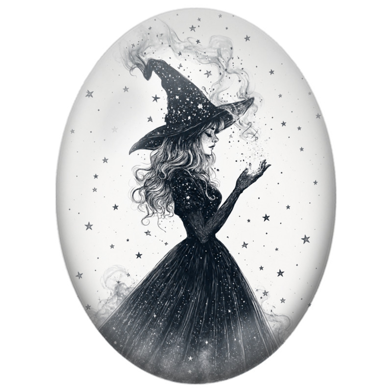 Cabochon en Verre Illustré Sorcière aux Étoiles Magiques 13x18, 18x25 ou 30x40mm
