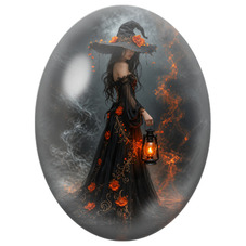 Cabochon en Verre Illustré Sorcière à la Lanterne dans la Fumée pour la Création de Bijoux Fantaisie - DIY