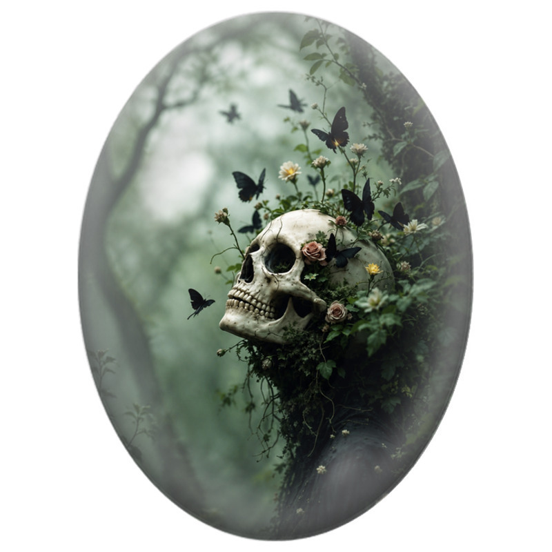 Cabochon en Verre Illustré Crâne Fleuri aux Papillons Noirs 13x18, 18x25 ou 30x40mm