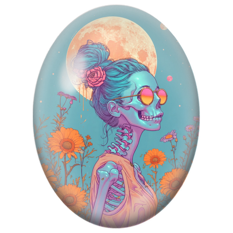 Cabochon en Verre Illustré Femme Squelette aux Fleurs Orange 13x18, 18x25 ou 30x40mm