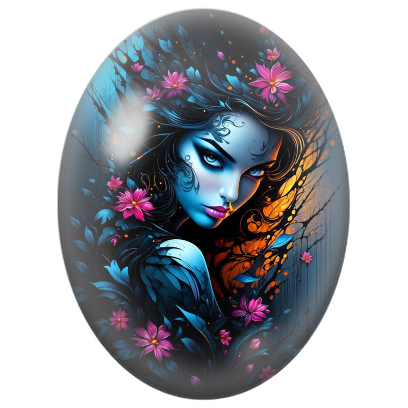 Cabochon en Verre Illustré Femme Bleue aux Fleurs Roses 13x18, 18x25 ou 30x40mm