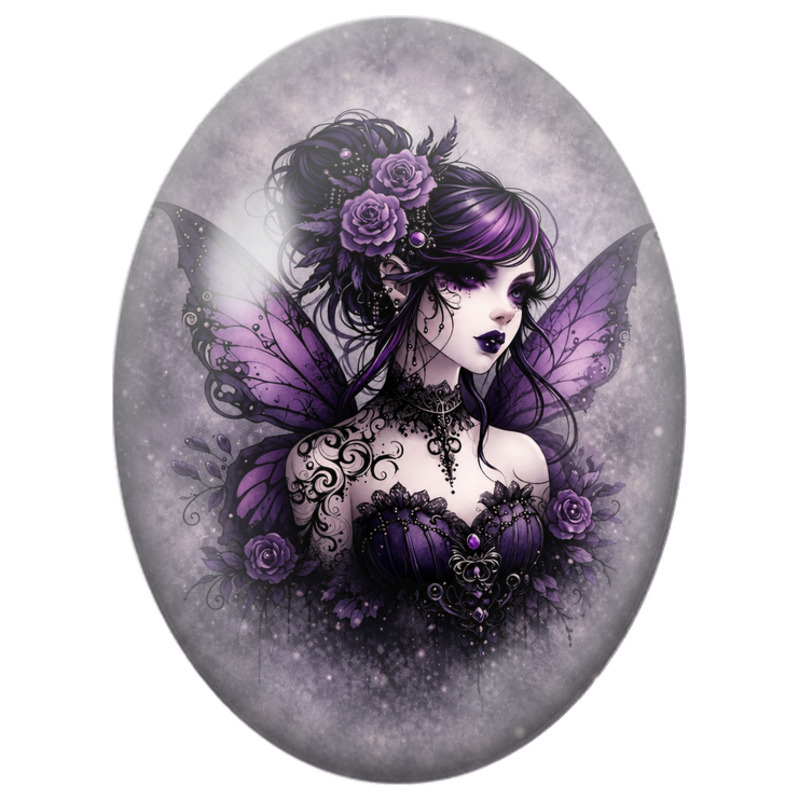 Cabochon en Verre Illustré Fée Gothique Violette aux Roses 13x18, 18x25 ou 30x40mm