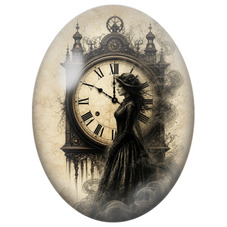 Cabochon en Verre Illustré Femme Victorienne devant l’Horloge pour la Création de Bijoux Fantaisie - DIY