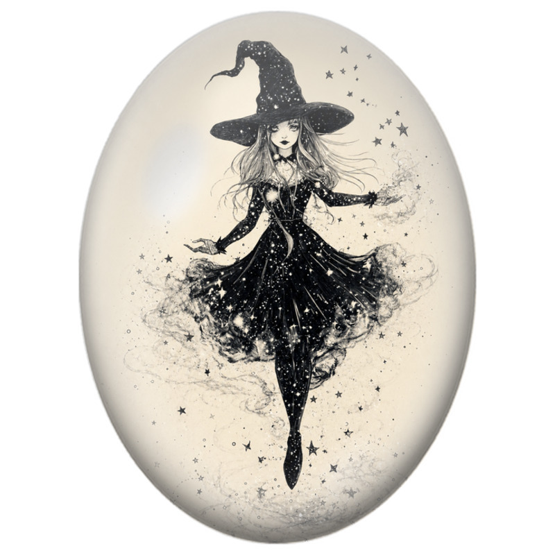 Cabochon en Verre Illustré Sorcière Noire aux Étoiles 13x18, 18x25 ou 30x40mm