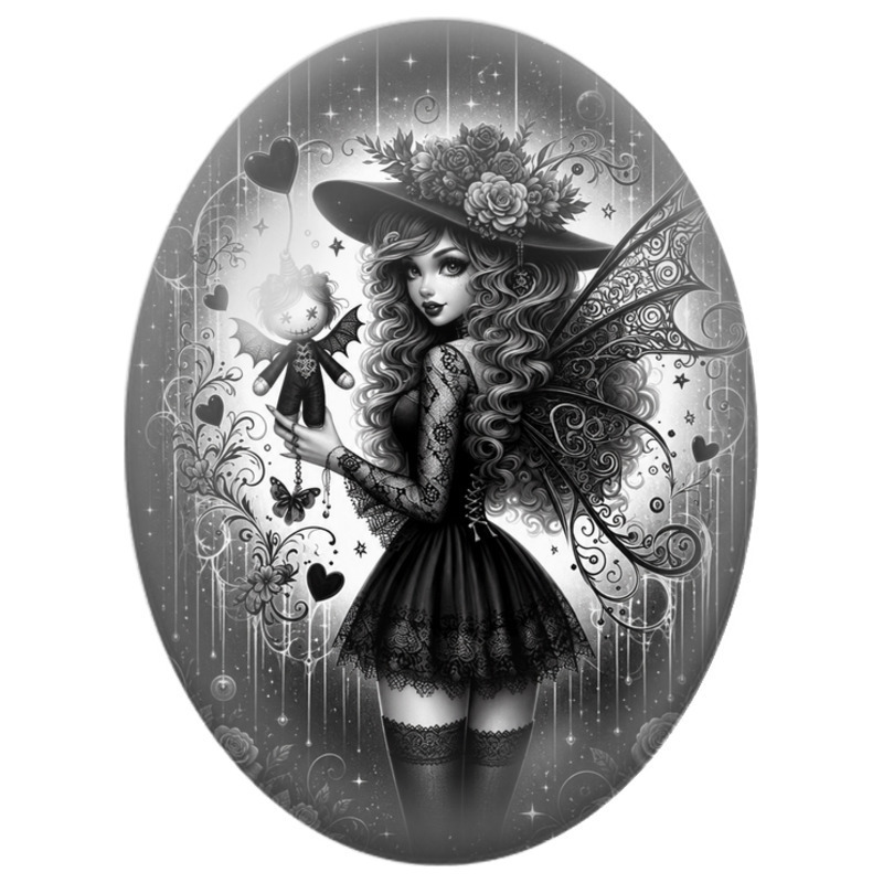Cabochon en Verre Illustré Fée Gothique à la Poupée Vaudou 13x18, 18x25 ou 30x40mm