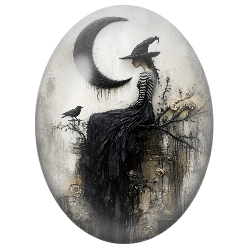 Cabochon en Verre Illustré Sorcière au Corbeau sur la Branche 13x18, 18x25 ou 30x40mm