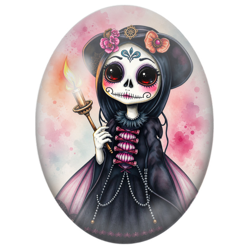 Cabochon en Verre Illustré Sorcière Calavera à la Bougie 13x18, 18x25 ou 30x40mm