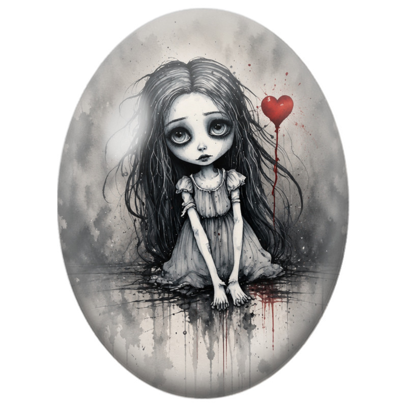 Cabochon en Verre Illustré Petite Fille Gothique au Ballon Cœur 13x18, 18x25 ou 30x40mm