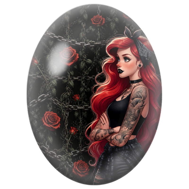 Cabochon en Verre Illustré Femme Rock Rousse aux Roses Rouges 13x18, 18x25 ou 30x40mm