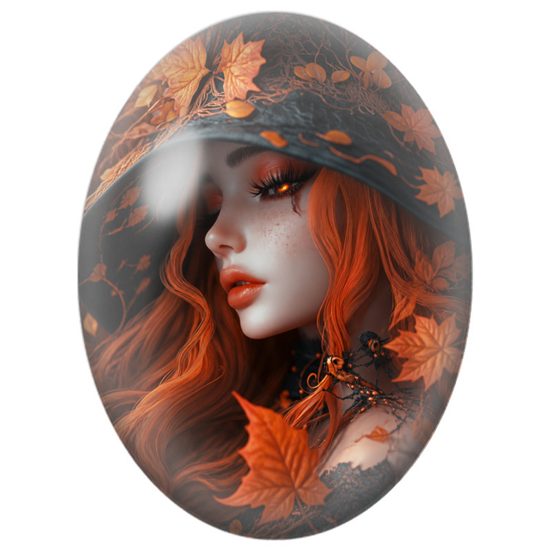 Cabochon en Verre Illustré Sorcière Rousse aux Feuilles d’Automne 13x18, 18x25 ou 30x40mm