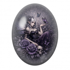 Cabochon en Verre Illustré Fée Gothique au Crâne et Roses Violettes pour la Création de Bijoux Fantaisie - DIY