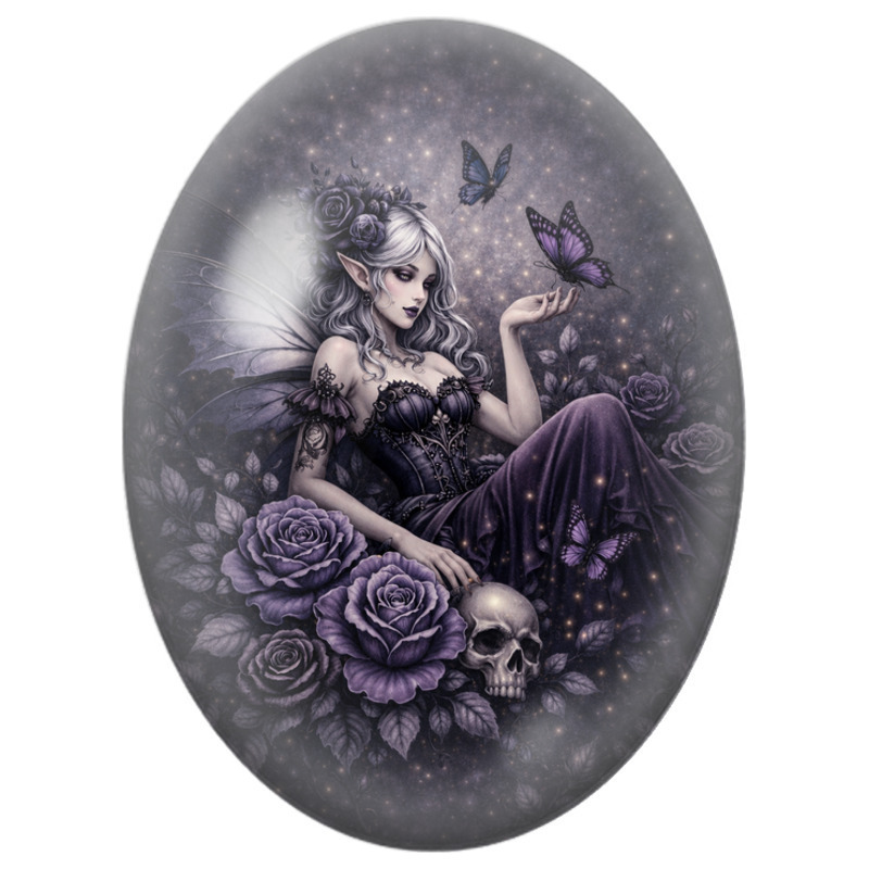 Cabochon en Verre Illustré Fée Gothique au Crâne et Roses Violettes 13x18, 18x25 ou 30x40mm