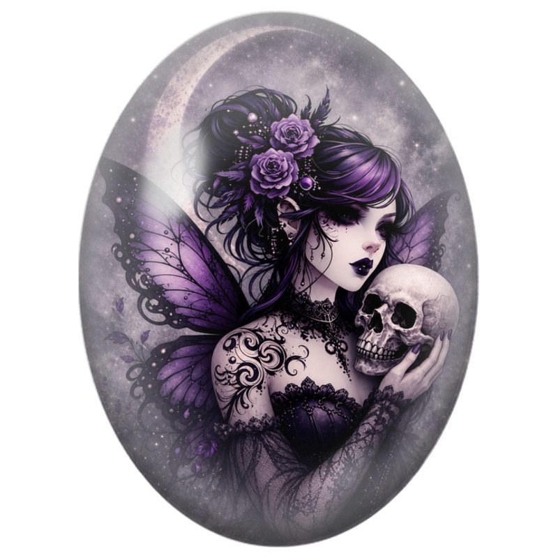 Cabochon en Verre Illustré Fée Violette au Crâne sous la Lune 13x18, 18x25 ou 30x40mm