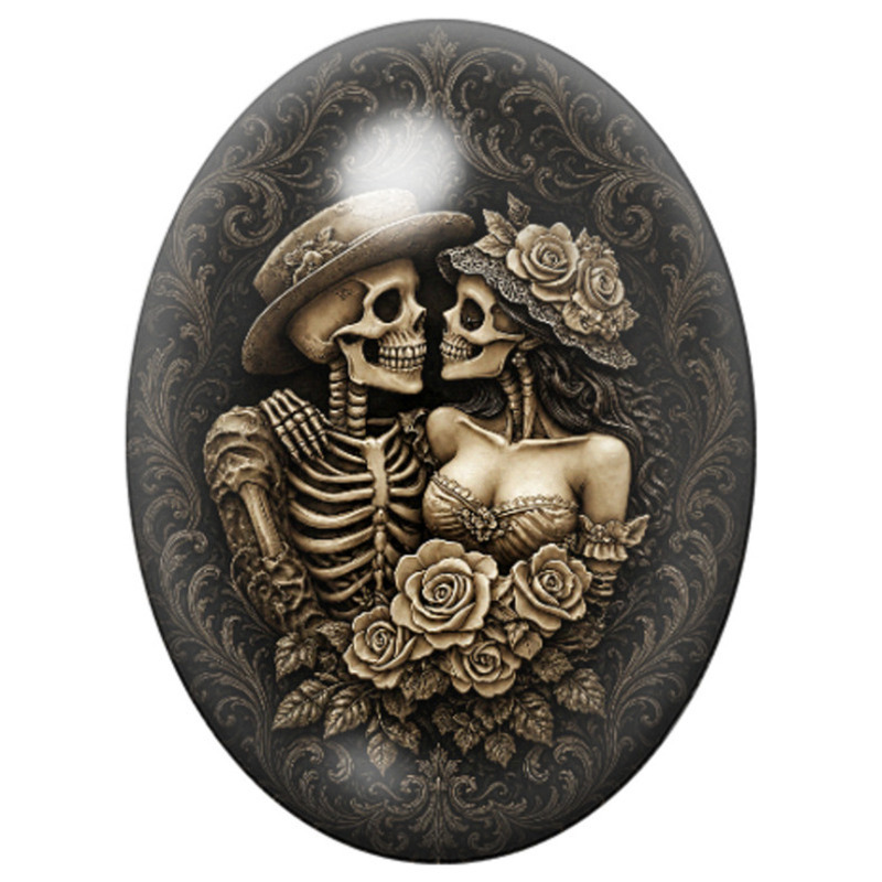 Cabochon en Verre Illustré Couple Squelette aux Roses dans un Cadre 13x18, 18x25 ou 30x40mm