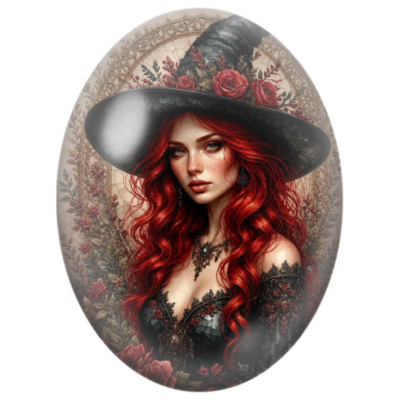 Cabochon en Verre Illustré Sorcière Rousse aux Roses Rouges 13x18, 18x25 ou 30x40mm