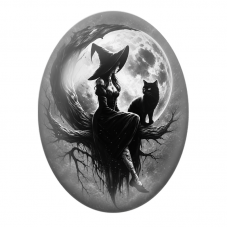 Cabochon en Verre Illustré Sorcière et Chat sur une Branche devant la Lune pour la Création de Bijoux Fantaisie - DIY