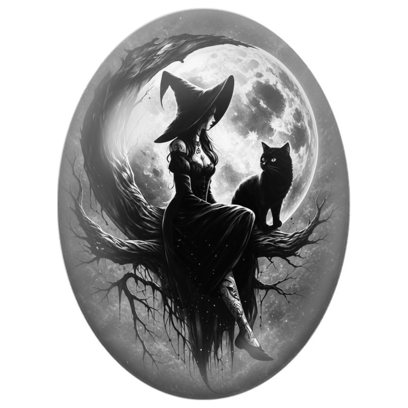 Cabochon en Verre Illustré Sorcière et Chat sur une Branche devant la Lune 13x18, 18x25 ou 30x40mm