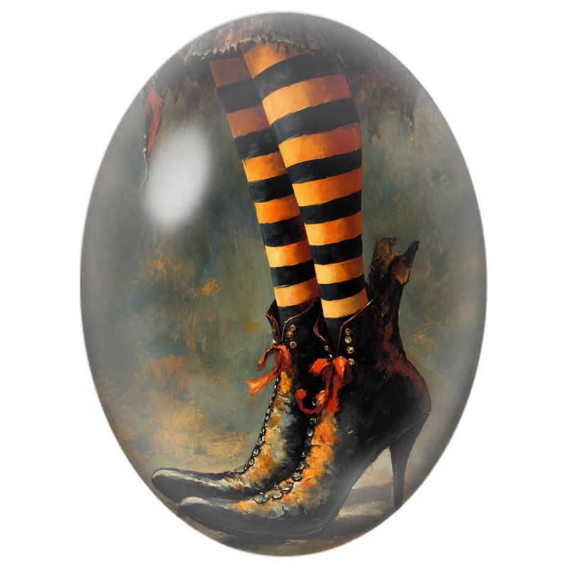 Cabochon en Verre Illustré Bottes de Sorcière aux Bas Rayés Orange 13x18, 18x25 ou 30x40mm