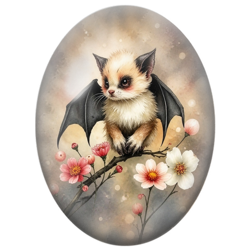 Cabochon en Verre Illustré Chaton Ailé sur une Branche Fleurie 13x18, 18x25 ou 30x40mm