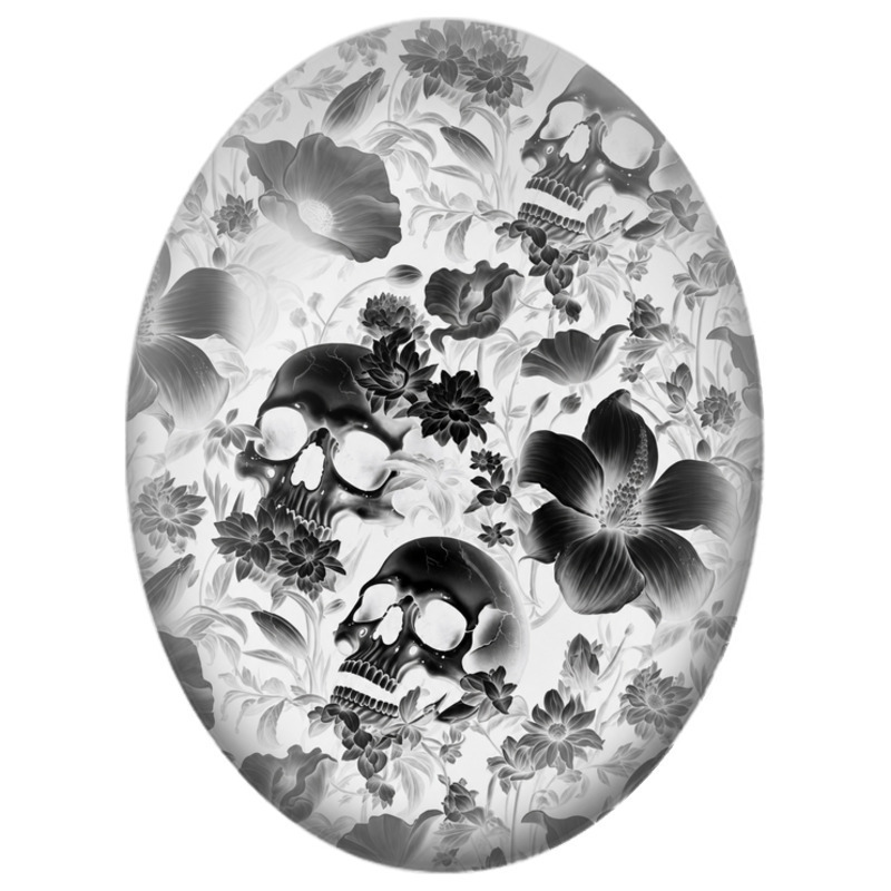 Cabochon en Verre Illustré Crânes Noirs aux Fleurs Grises 13x18, 18x25 ou 30x40mm