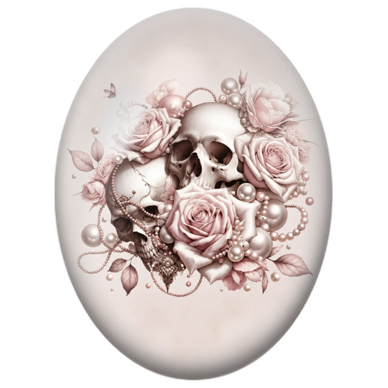 Cabochon en Verre Illustré Deux Crânes aux Roses Poudrées 13x18, 18x25 ou 30x40mm