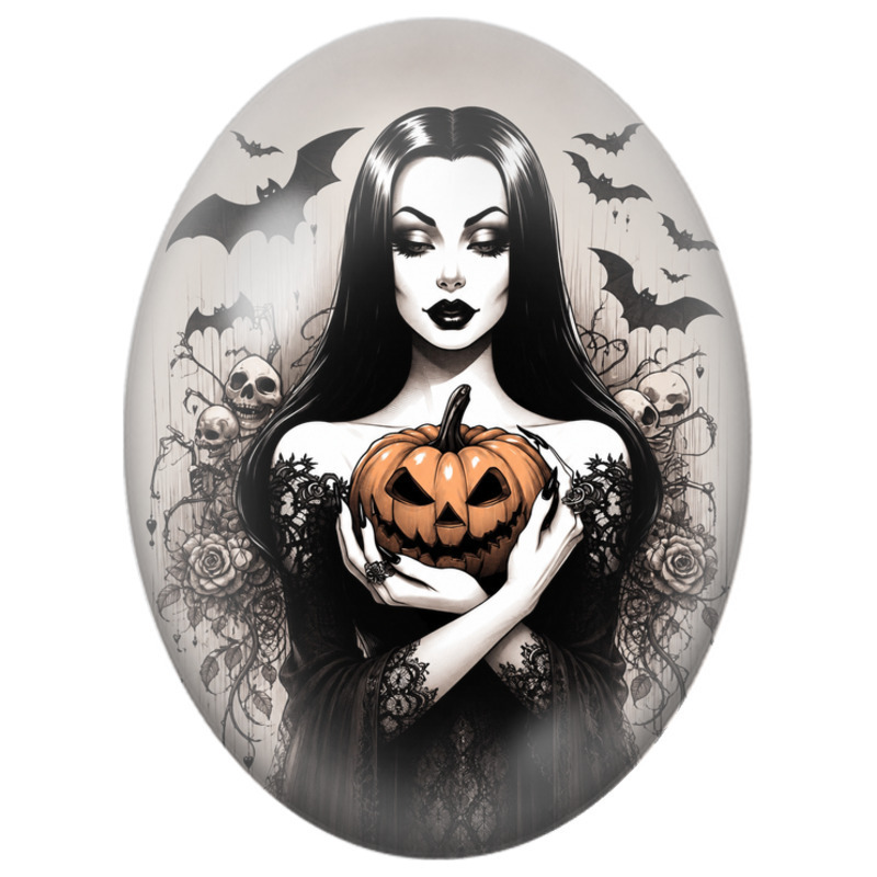 Cabochon en Verre Illustré Femme Gothique à la Citrouille Orange 13x18, 18x25 ou 30x40mm