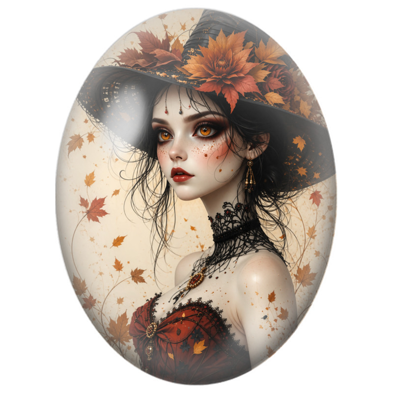 Cabochon en Verre Illustré Sorcière d’Automne aux Roses Rouges 13x18, 18x25 ou 30x40mm
