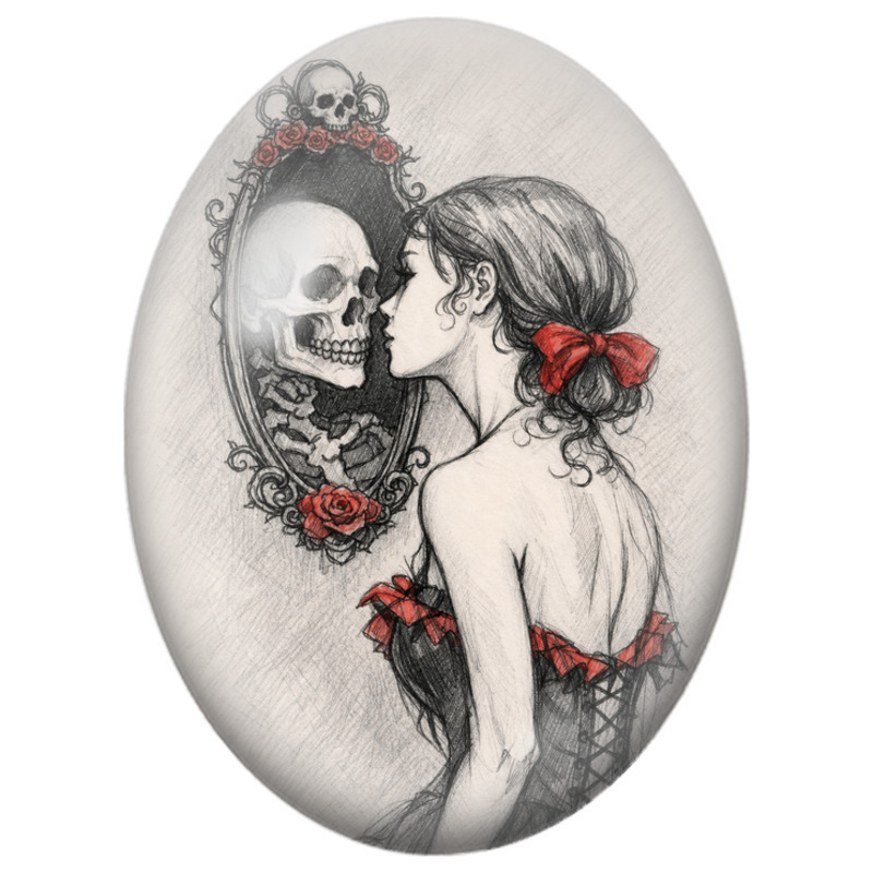 Cabochon en Verre Illustré Femme Embrassant un Crâne dans le Miroir 13x18, 18x25 ou 30x40mm