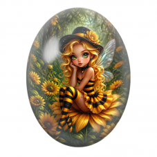 Cabochon en Verre Illustré Petite Fée Abeille sur Tournesol pour la Création de Bijoux Fantaisie - DIY