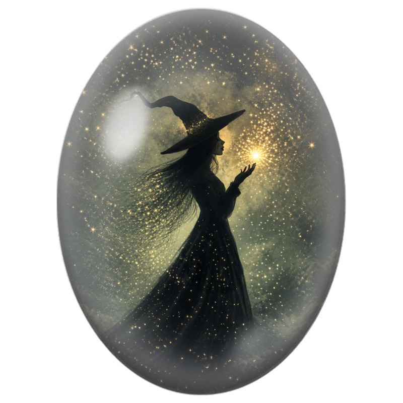 Cabochon en Verre Illustré Sorcière à l’Étoile Dorée 13x18, 18x25 ou 30x40mm