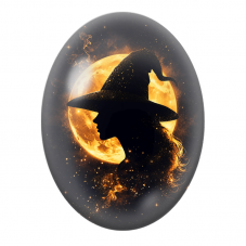 Cabochon en Verre Illustré Sorcière devant la Lune Orange pour la Création de Bijoux Fantaisie - DIY