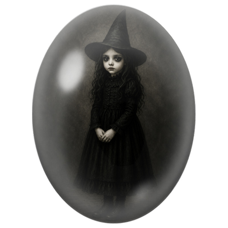 Cabochon en Verre Illustré Petite Sorcière Sombre au Chapeau Noir 13x18, 18x25 ou 30x40mm